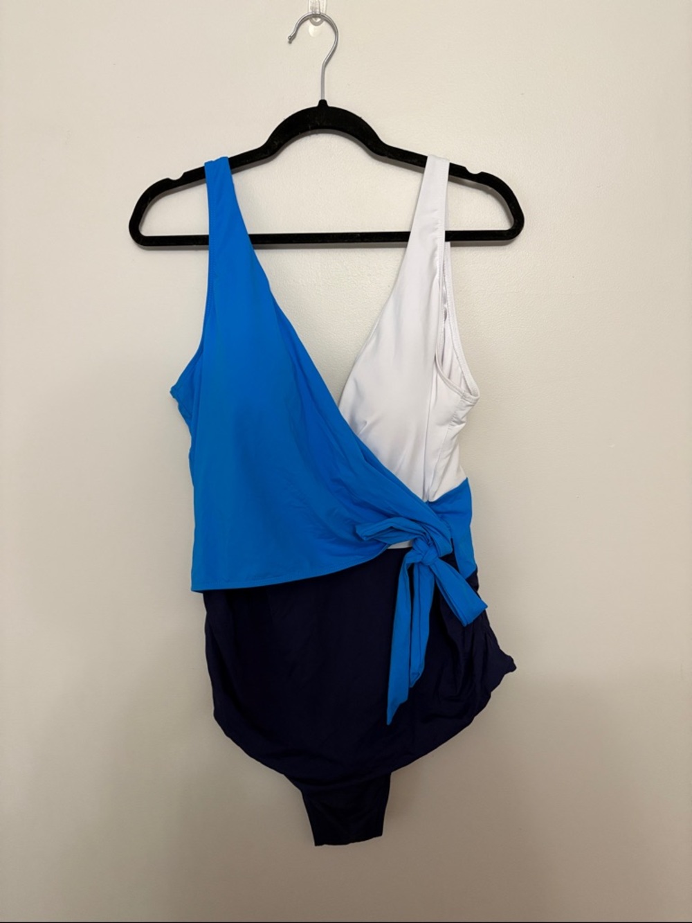 Colorblock One-Shoulder Tie Waist One-Piece Swimsuit - Blue/White/Navy
